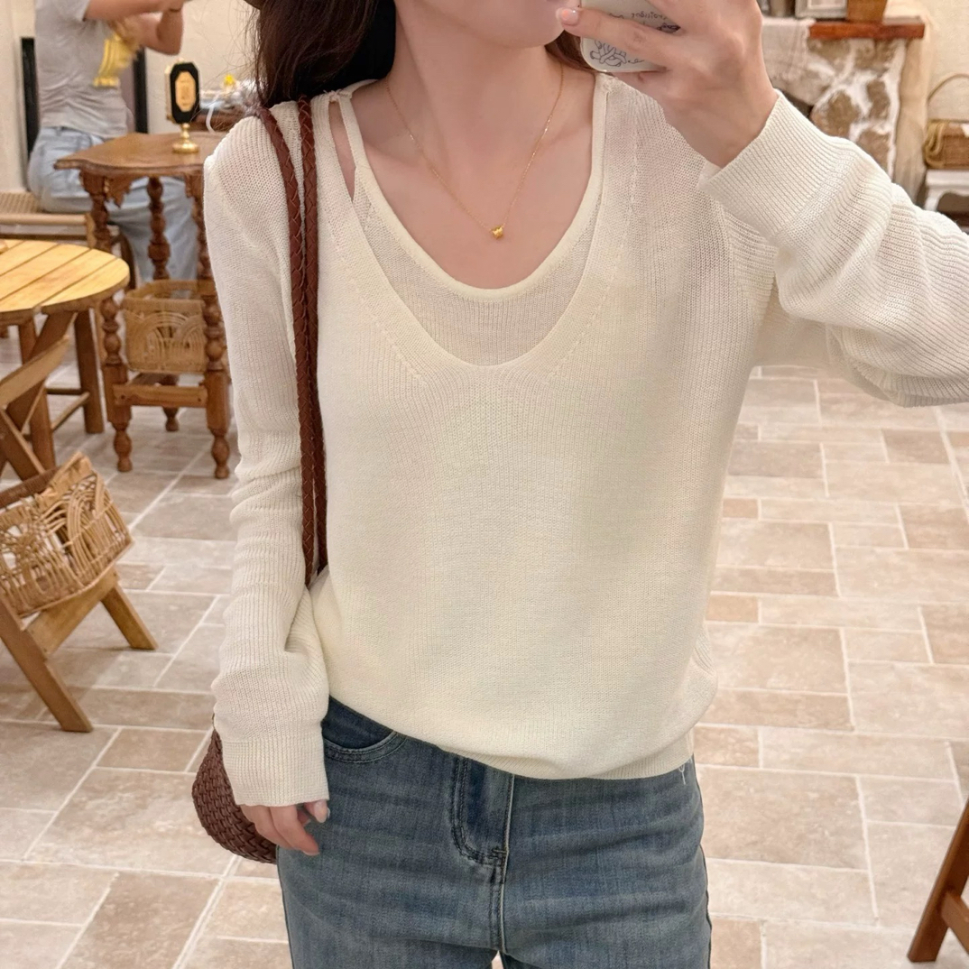 韩国原单羊毛假两件白色套头女士早秋修身毛衣毛针织衫秋季显瘦女