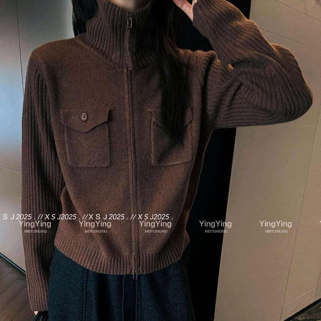 欧洲站高级感纯色立领口袋拉链设计毛衣针织开衫百搭减龄毛衣外套
