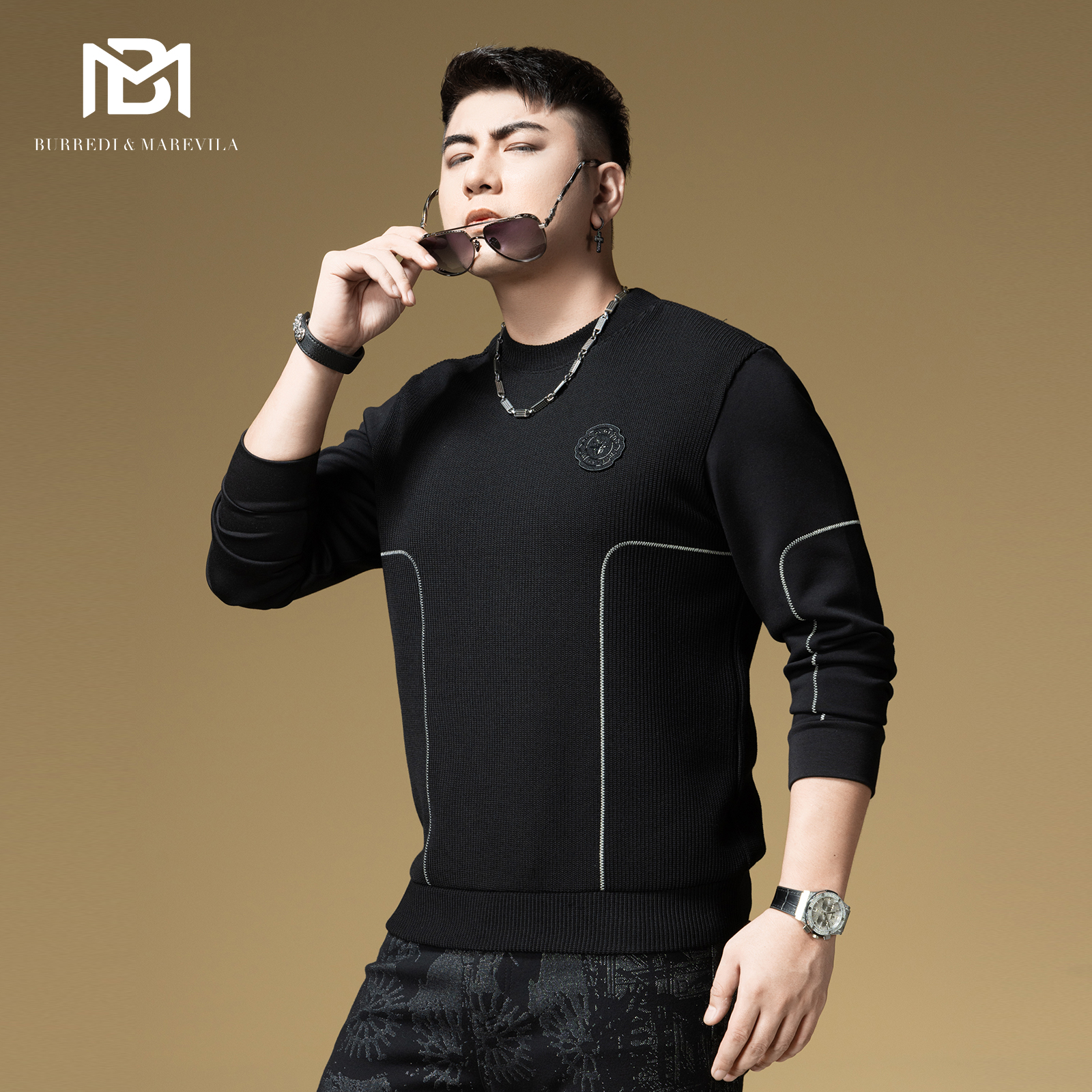 BM拼接针织卫衣男2025新款辑明线设计感潮牌秋季男装休闲圆领上衣