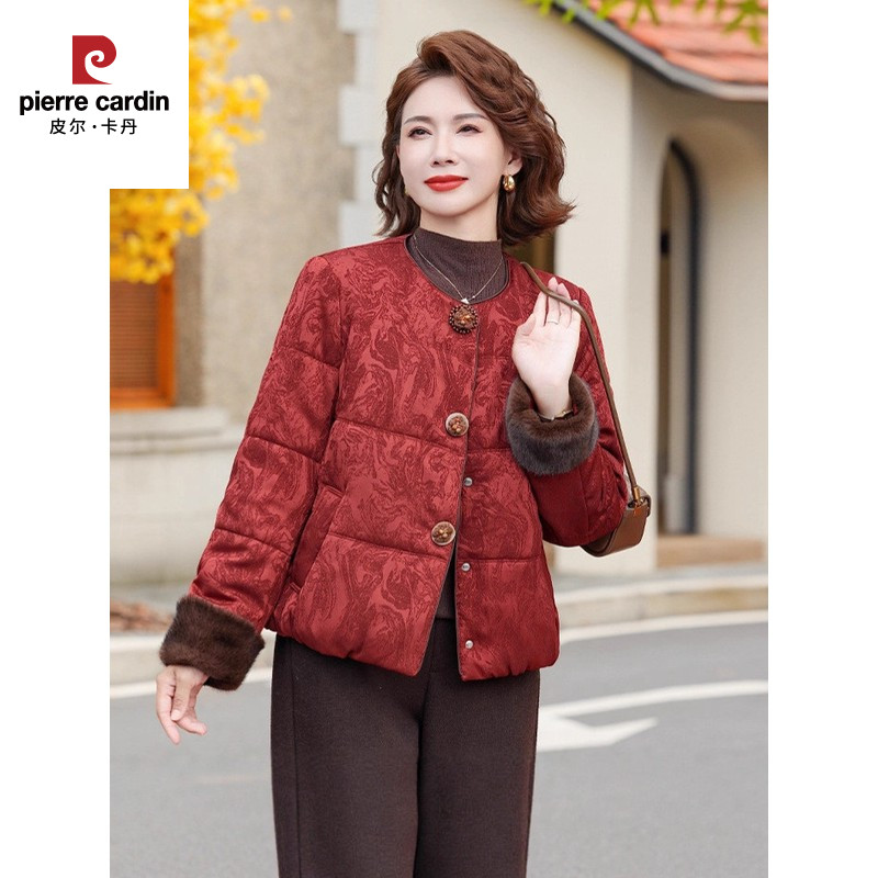 皮尔卡丹商超批发圆领红色服外套中年妈妈女装50岁中年女装