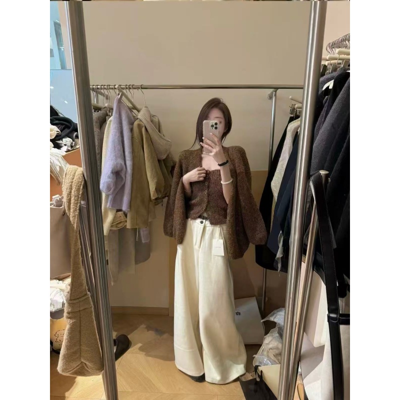 慵懒复古咖色长袖毛衣外套休闲针织抹胸背心宽松百搭阔腿裤三件套