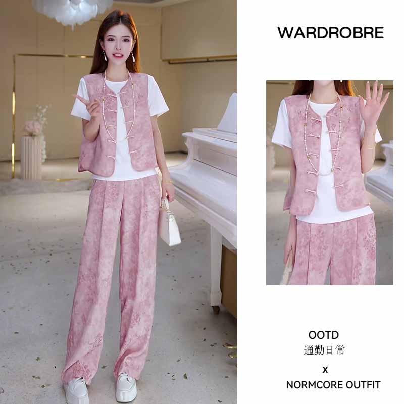 休闲简约气质百搭套装女2026年夏季新款显瘦上衣高腰长裤两件套潮