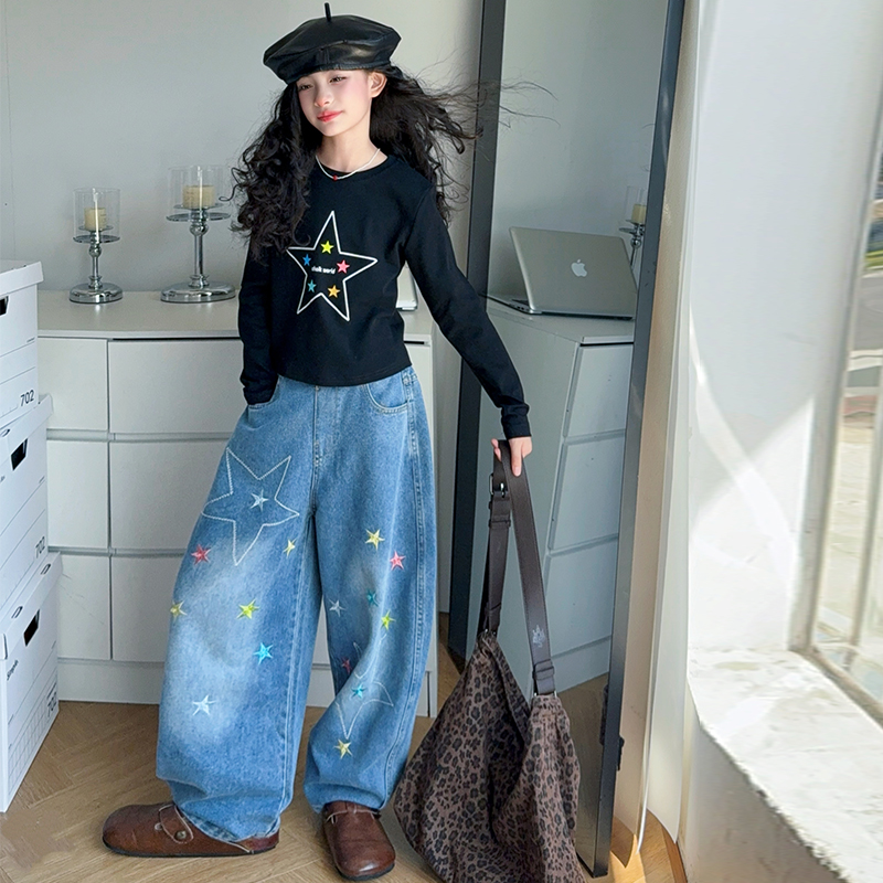 女童长袖T恤2025秋季新款儿童洋气时髦春秋款中大童牛仔裤两件套