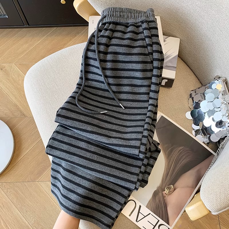300斤大码复古条纹针织阔腿裤女抽绳松紧高腰显瘦慵懒垂感休闲裤