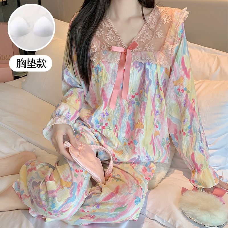 带胸垫睡衣女春秋长袖蕾丝套装甜美性感女士套头可外穿家居服4130