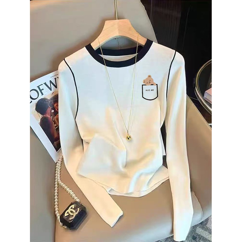 小众正肩德绒保暖长袖t恤秋冬新款休闲减龄修身显瘦拼接撞色上衣