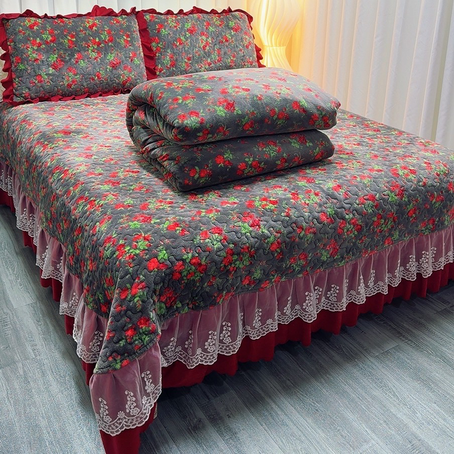 新款夹棉床盖牛奶绒四件套双面绒被套花边枕套法莱绒被罩保暖床品