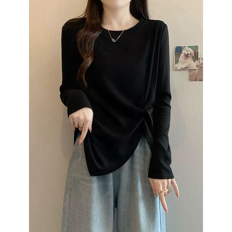 大码黑色正肩t恤长袖女2025新款秋季胖mm不规则遮肚显瘦微胖上衣