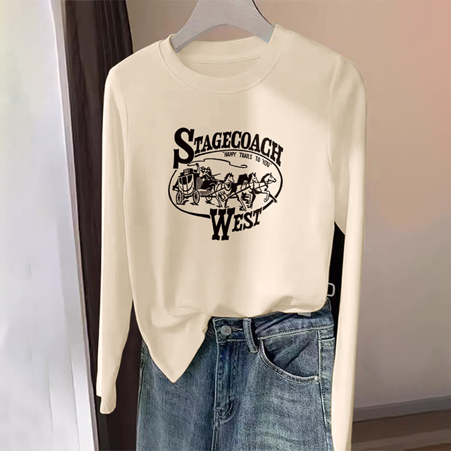 婳娇小个子简约圆领长袖打底2025早秋季高级感奶油色t恤女装上衣