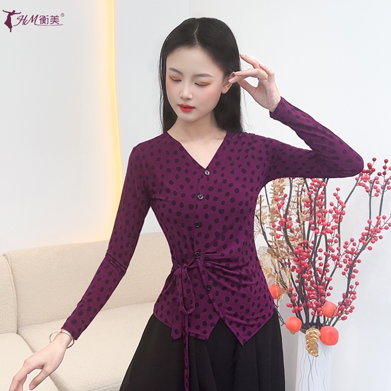新款现代舞服不规则气质波点长袖成人上衣时尚修身显瘦古典舞服装