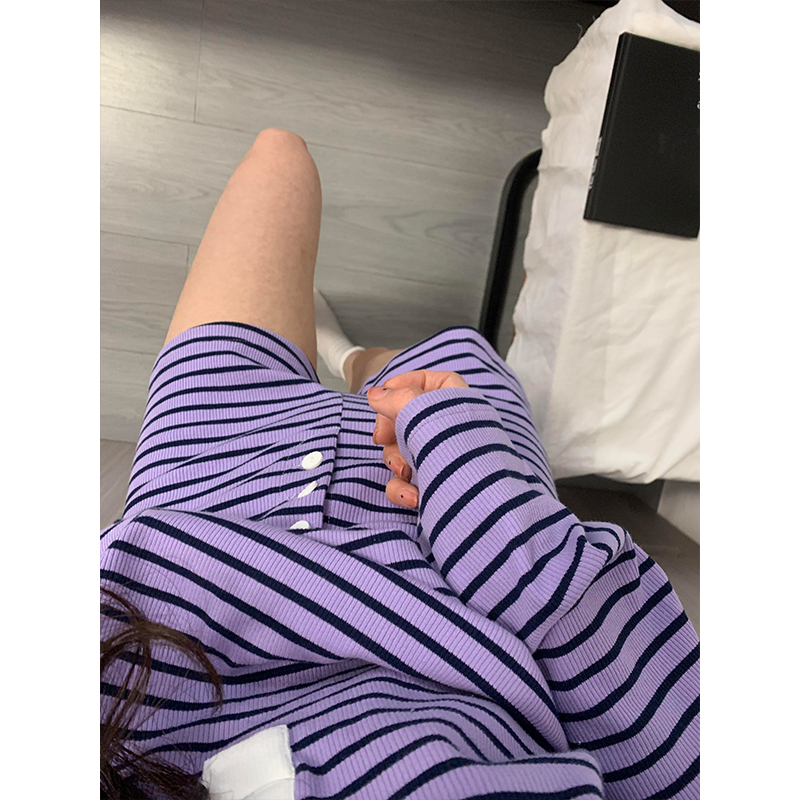 【紫色条纹】韩版甜美休闲睡衣女夏季薄款长袖短裤家居服套装可外穿