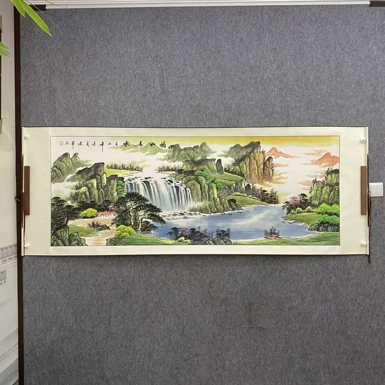 《福山秀水》纯手绘横幅六尺青绿山水画卷轴款客厅国画挂画作品