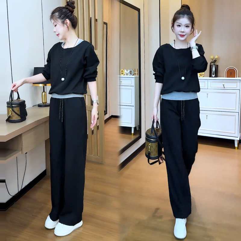 拉夏贝尔时尚休闲套装女2025秋季新款假两件上衣阔腿裤运动两件套