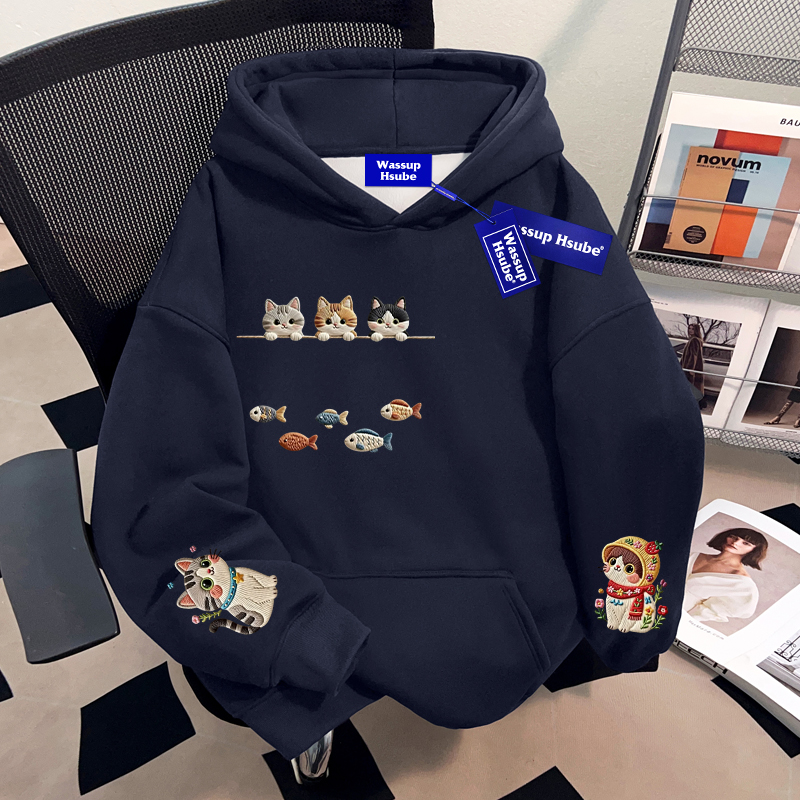 WASSUP HSUBE小清新趣味卡通重磅卫衣男女情侣百搭套头连帽卫衣潮