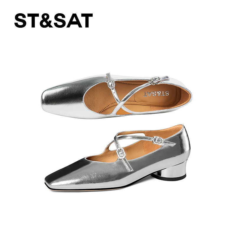 St&Sat/星期六时尚中跟单鞋摩登法式纯色玛丽珍鞋粗星期六单鞋
