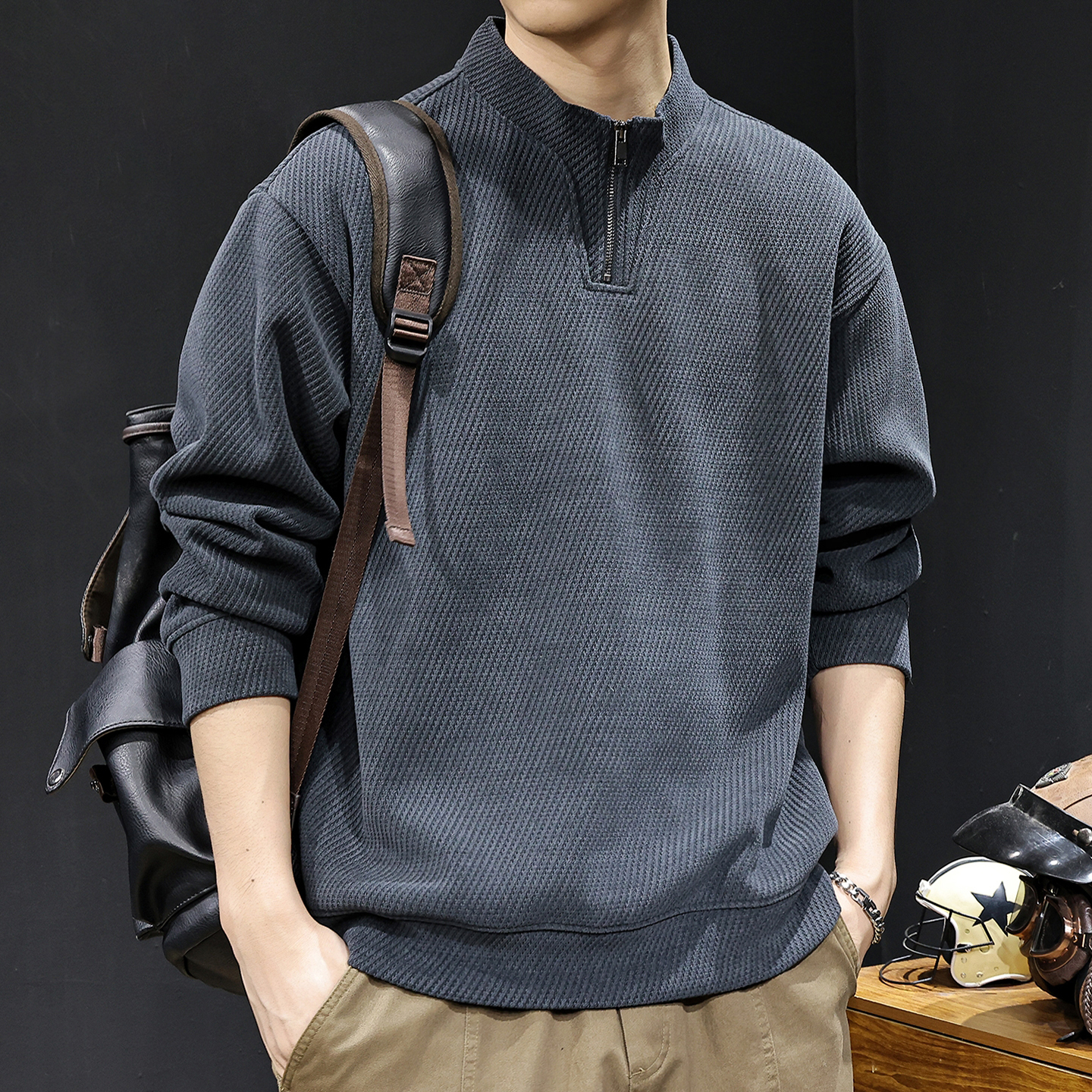 MR.MUDI/穆迪先生纹理感半高领拉链卫衣男士秋季新款潮牌秋冬衣服