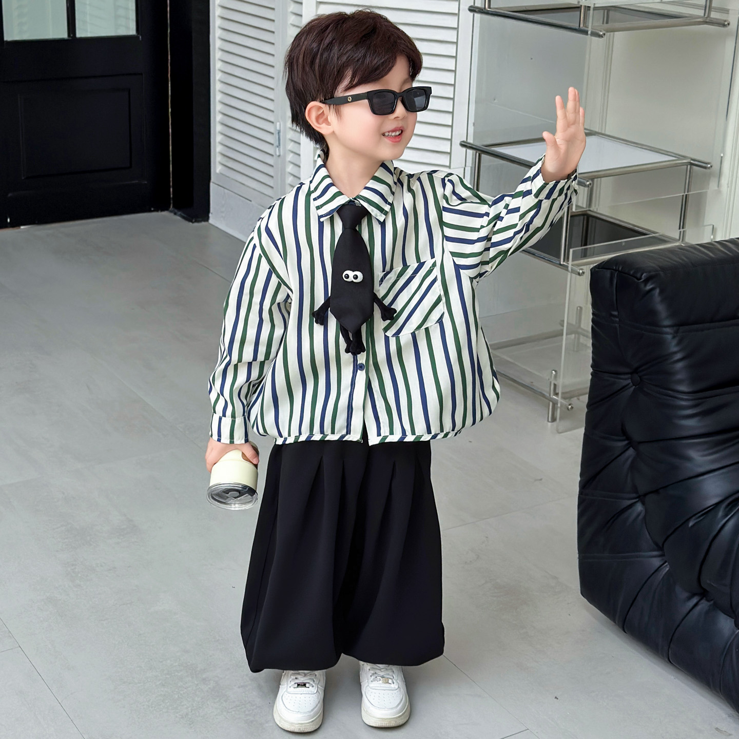 领带学院风2025新款时髦小宝宝衬衣帅气