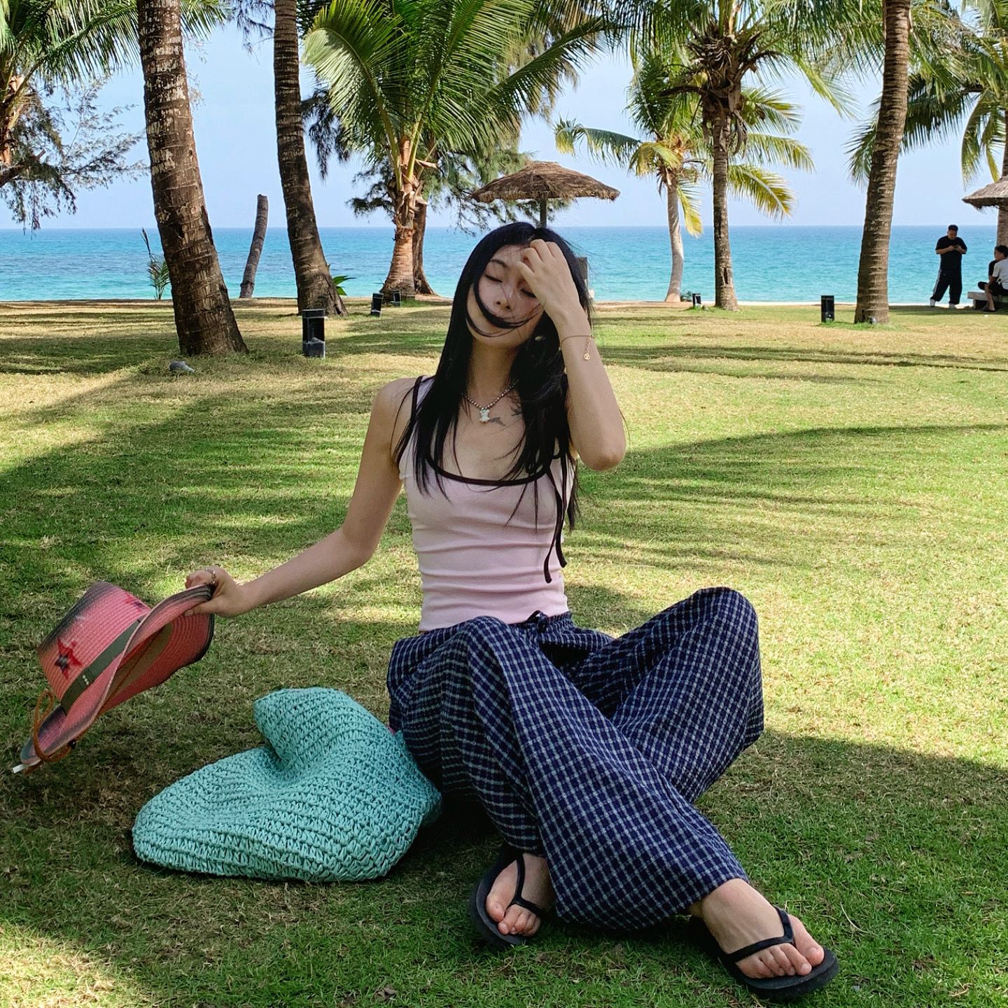 JWUW时髦精 美式复古薄款蓝色格子刺绣设计宽松低腰休闲裤女