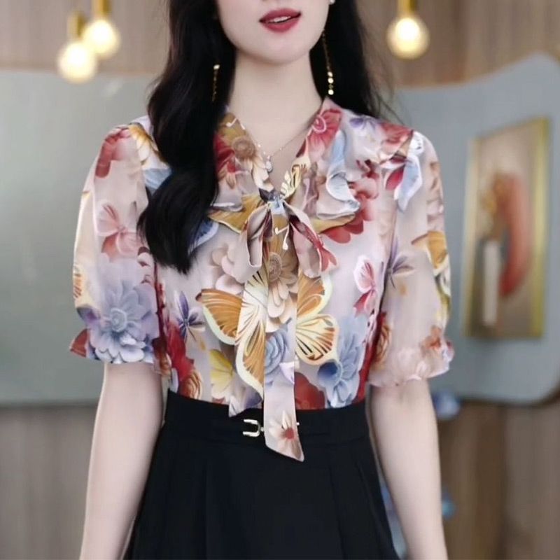 时尚拼接假两件印花短袖连衣裙女2026夏新款气质收腰显瘦遮肚裙子