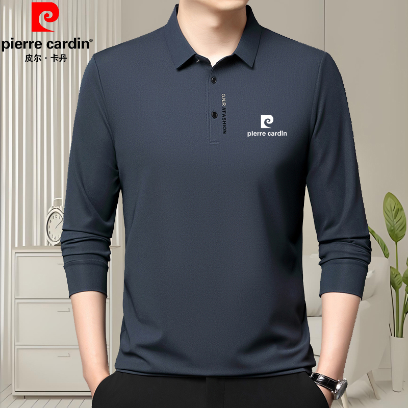 皮尔卡丹2025秋冬桑蚕丝长袖T恤男士高档中年大码休闲翻领polo衫