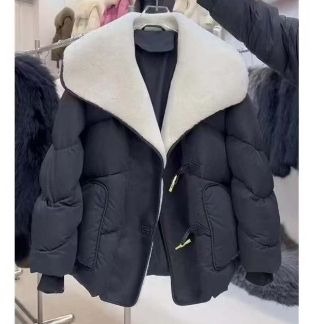 时尚翻领长袖拼接宽松休闲加厚保暖女士秋冬外套