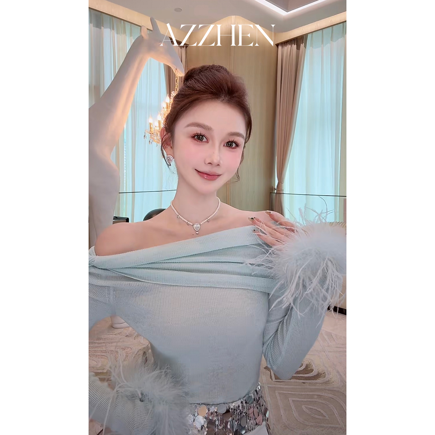 AZZHEN【浪漫定律】一字肩鸵鸟毛上衣AZS6289-00百搭气质时尚毛衣