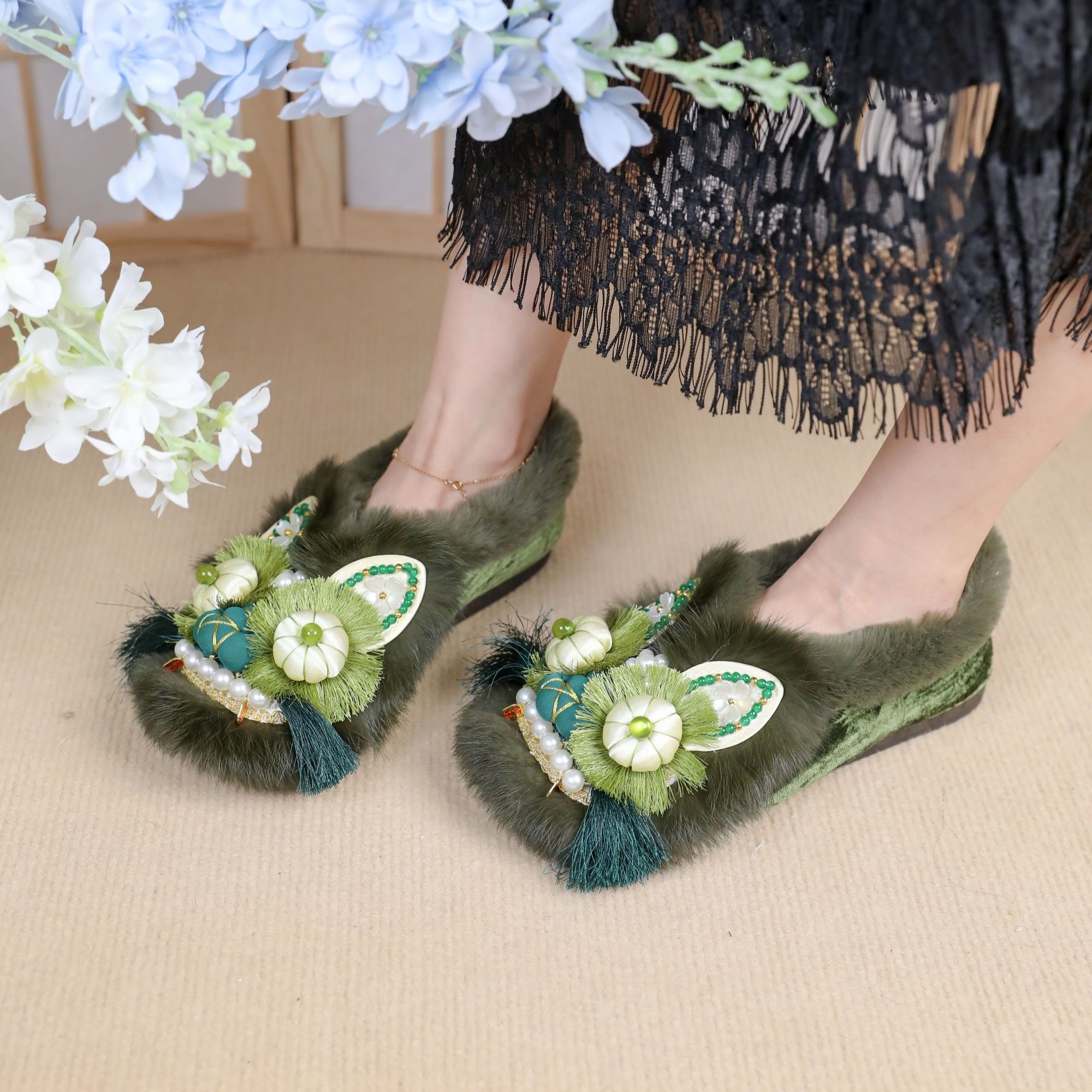 棉鞋【墨玉生烟】手工虎头鞋女成人中式墨绿色正宗老北京布鞋绣花冬