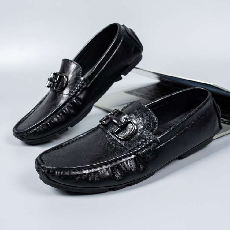 豹迈豆豆鞋男款冬季加绒男鞋真皮休闲皮鞋透气软底一脚蹬商务鞋