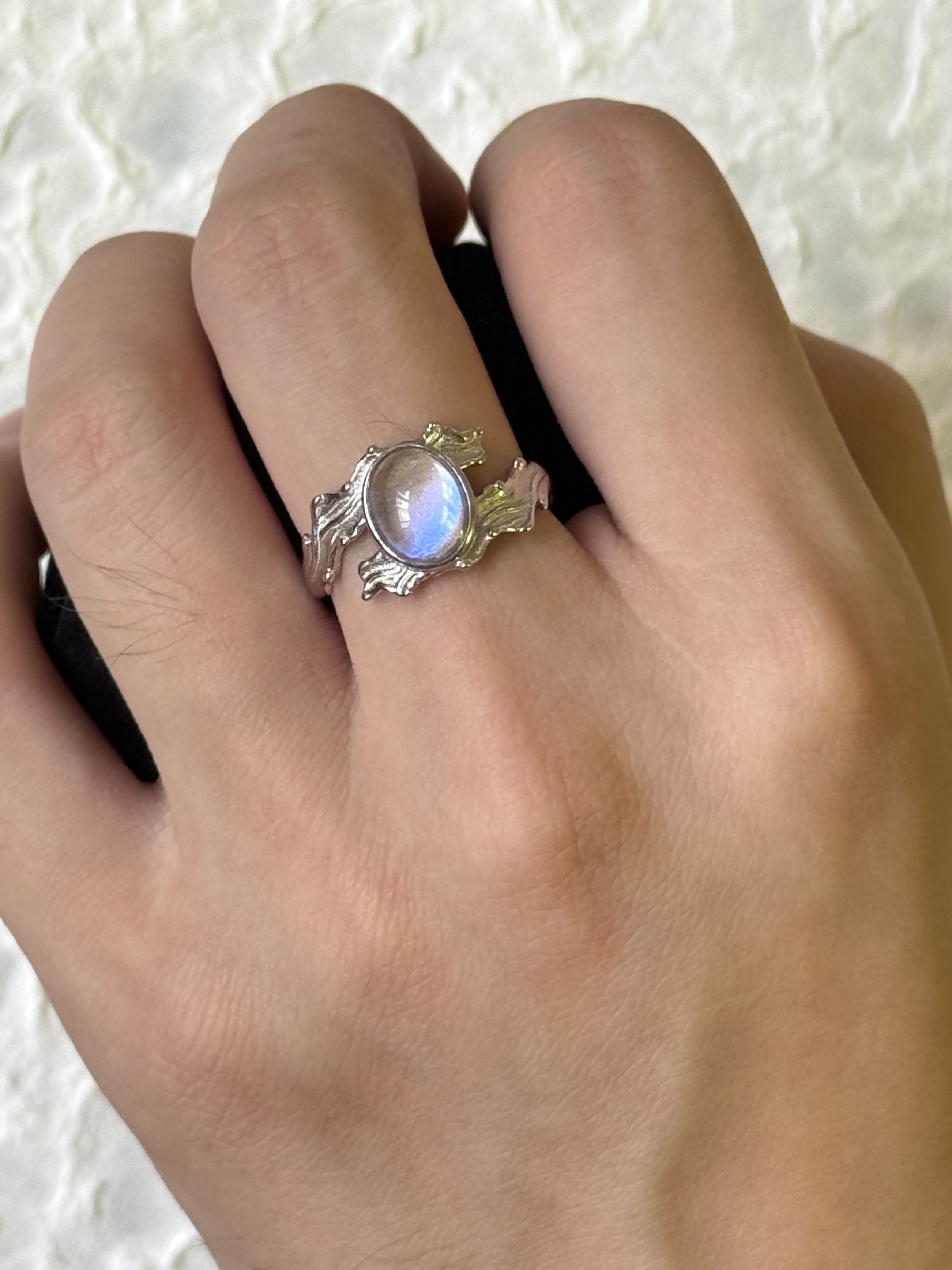 海浪中性款复古风纯银戒指昱珀工艺昆虫翅膀制作