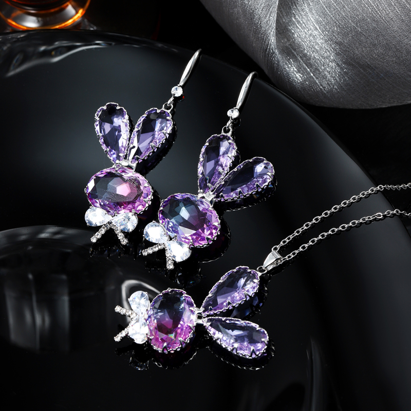 铜合金合成锆石耳饰 紫色兔子小动物粉红色耳环饰品简约时尚