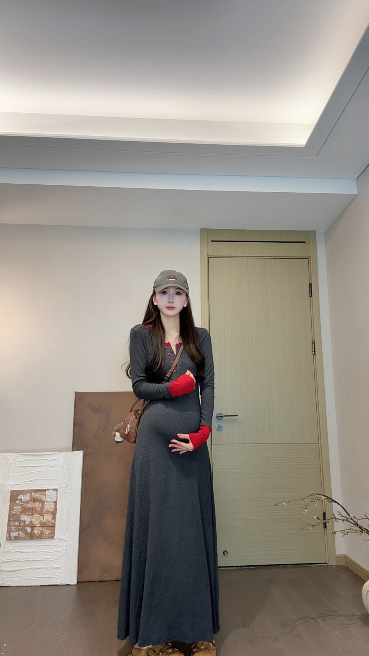 时尚孕妇秋季新款V领长袖常规拼接H型套头款连衣裙高腰A字裙秋季