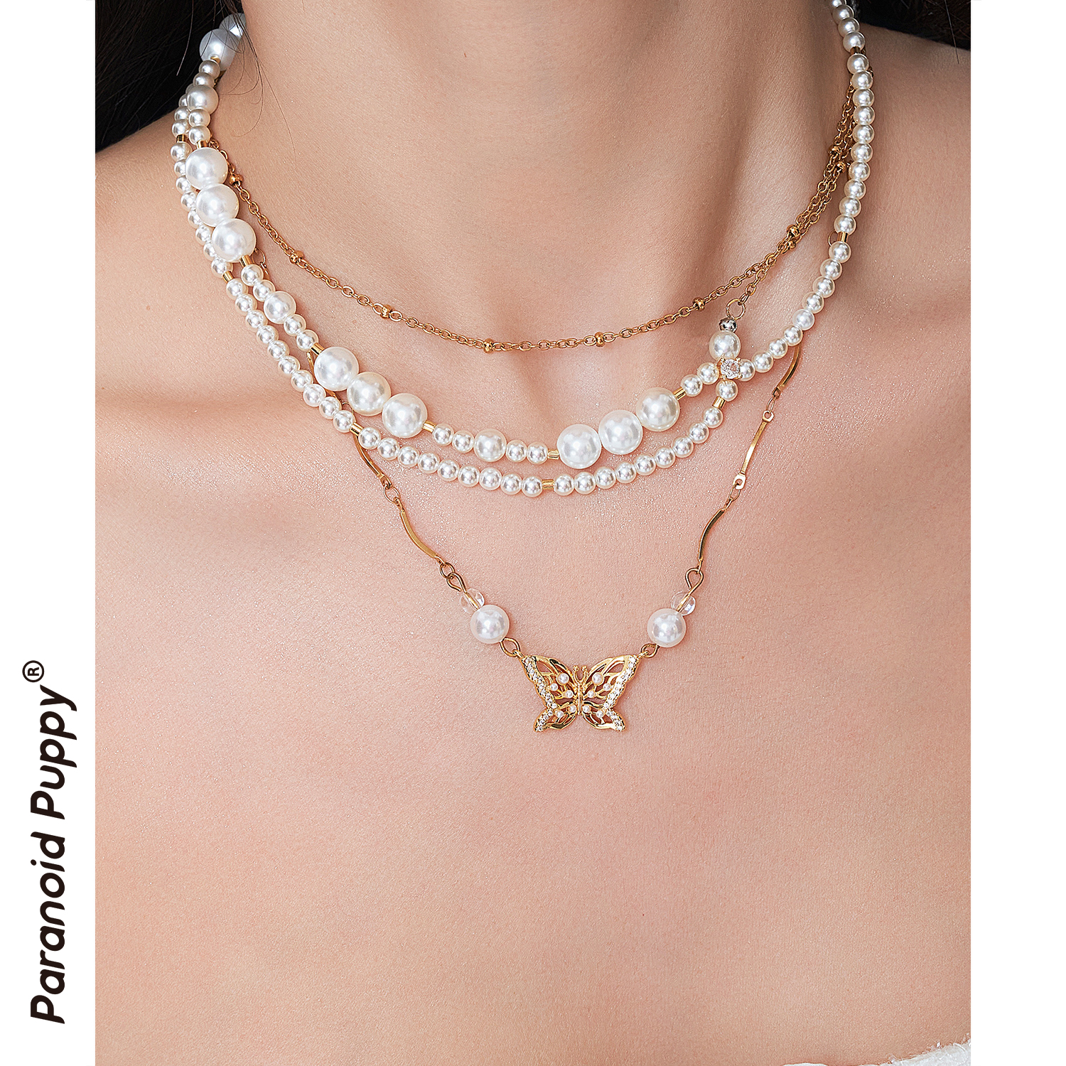 合金合成锆石吊坠 饰品《鎏》蝴蝶项链女秋冬叠戴层次感轻奢复古金