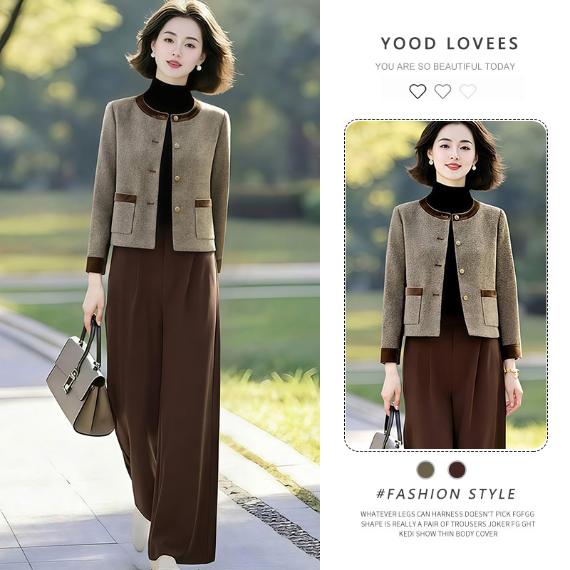 春秋2026新款女装简约设计感套装气质韩版撞色外套+阔腿裤两件套