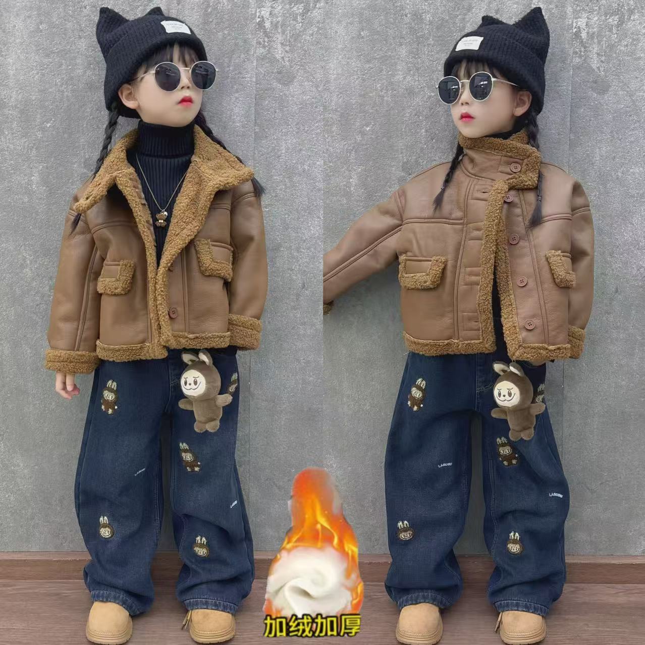 女童韩系时尚皮衣外套秋冬款洋气时尚机车服加绒加厚冬款皮衣套装