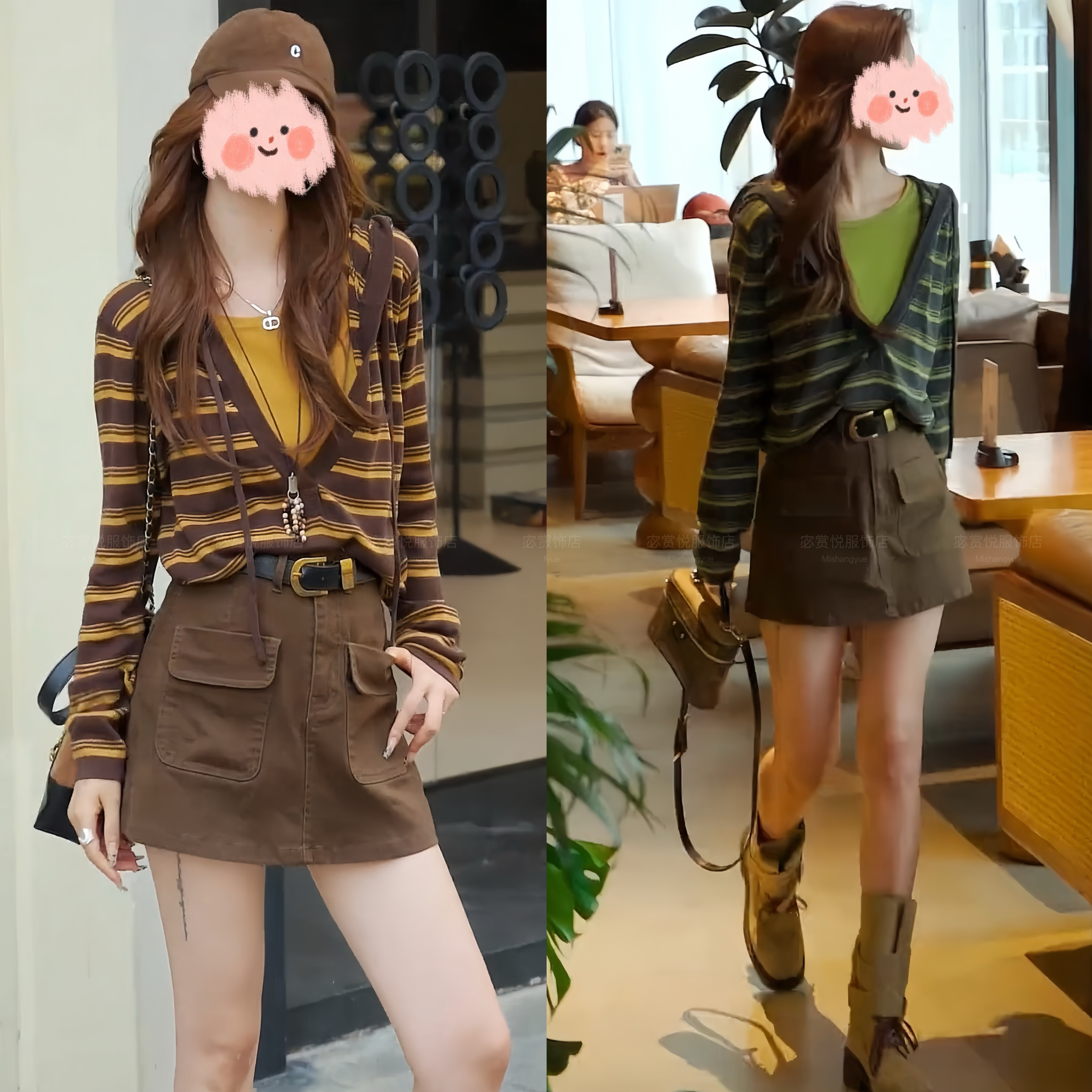 2025秋冬时尚复古条纹假两件针织衫长袖上衣显瘦工装裙裤休闲套装