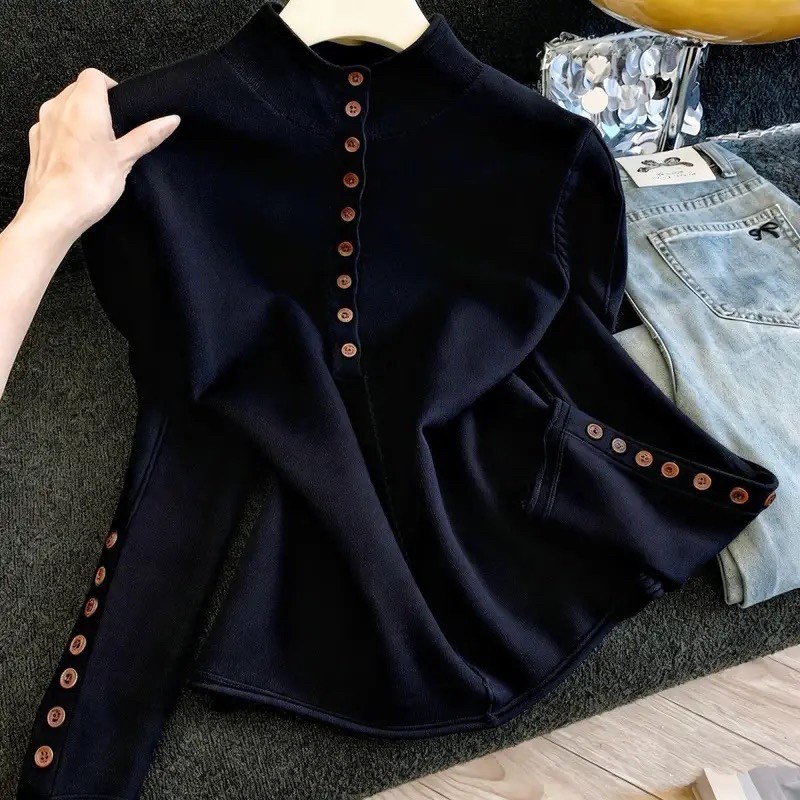 【80-200斤】半高领一排扣针织衫女秋冬季修身显瘦毛衣简约气质上衣