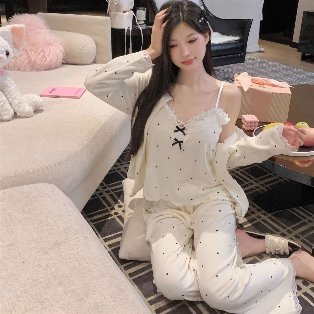 波点新款海岛绒睡衣女秋冬季加厚保暖三件套装冬天时尚甜美家居服