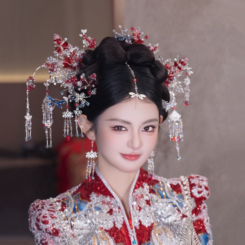 合金婚庆饰品 新娘中式头饰红色发簪秀禾龙凤褂古典婚礼发饰G0193
