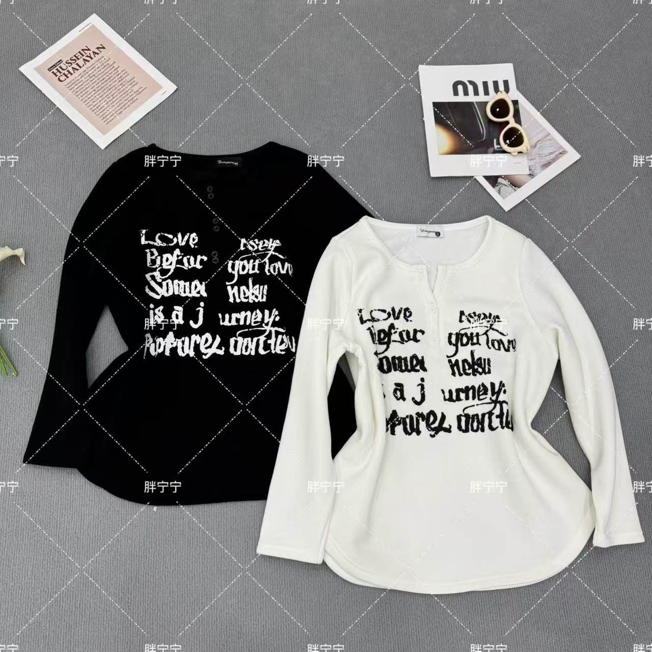 半开领纽扣字母洋气百搭打底上衣卫衣