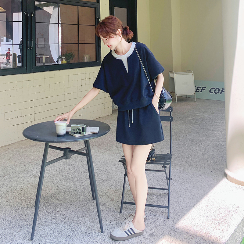 韩系休闲运动套装裙女2025夏季新小个子假两件上衣半身短裙两件套