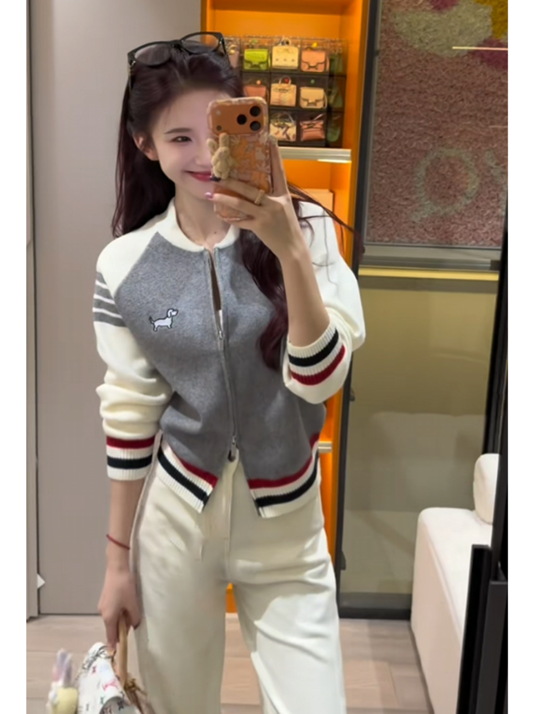 撞色小狗刺绣拉链针织开衫女秋冬学院风毛衣外套巨好看的早秋上衣