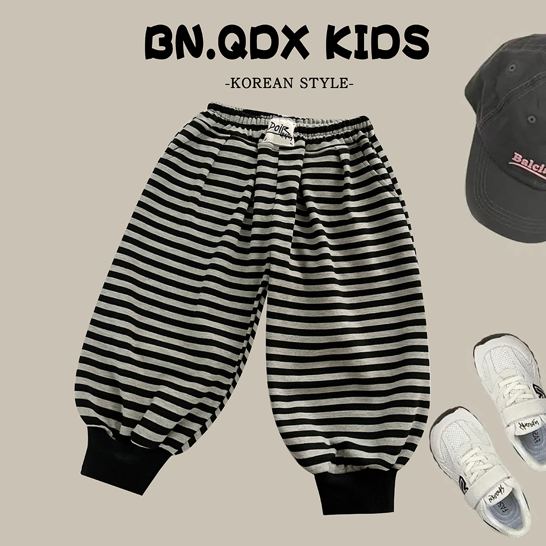 儿童春秋新款灯笼裤条纹百搭休闲裤男女童洋气韩版棉质长裤