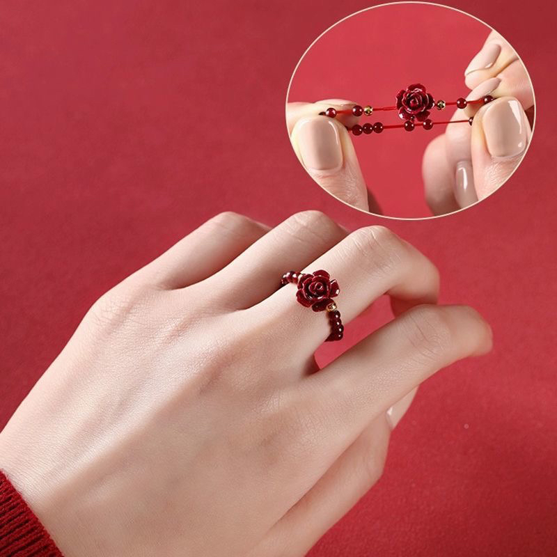 含辰砂工艺品朱砂戒指玫瑰花弹力绳款戒圈女款时尚饰品百搭