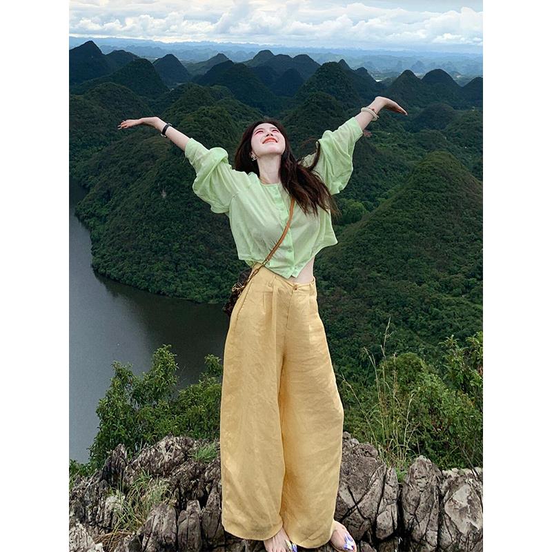 韩系休闲亚麻衬衫套装女早秋季松弛感慵懒风衬衣阔腿裤两件套洋气