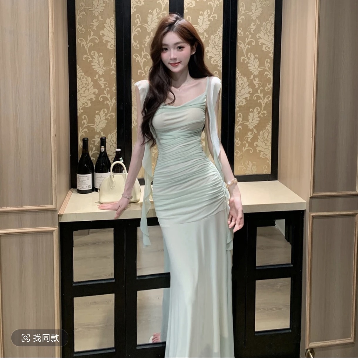 法式绝美绿色网纱小飞袖连衣裙女夏季度假风纯欲性感修身包臀长裙