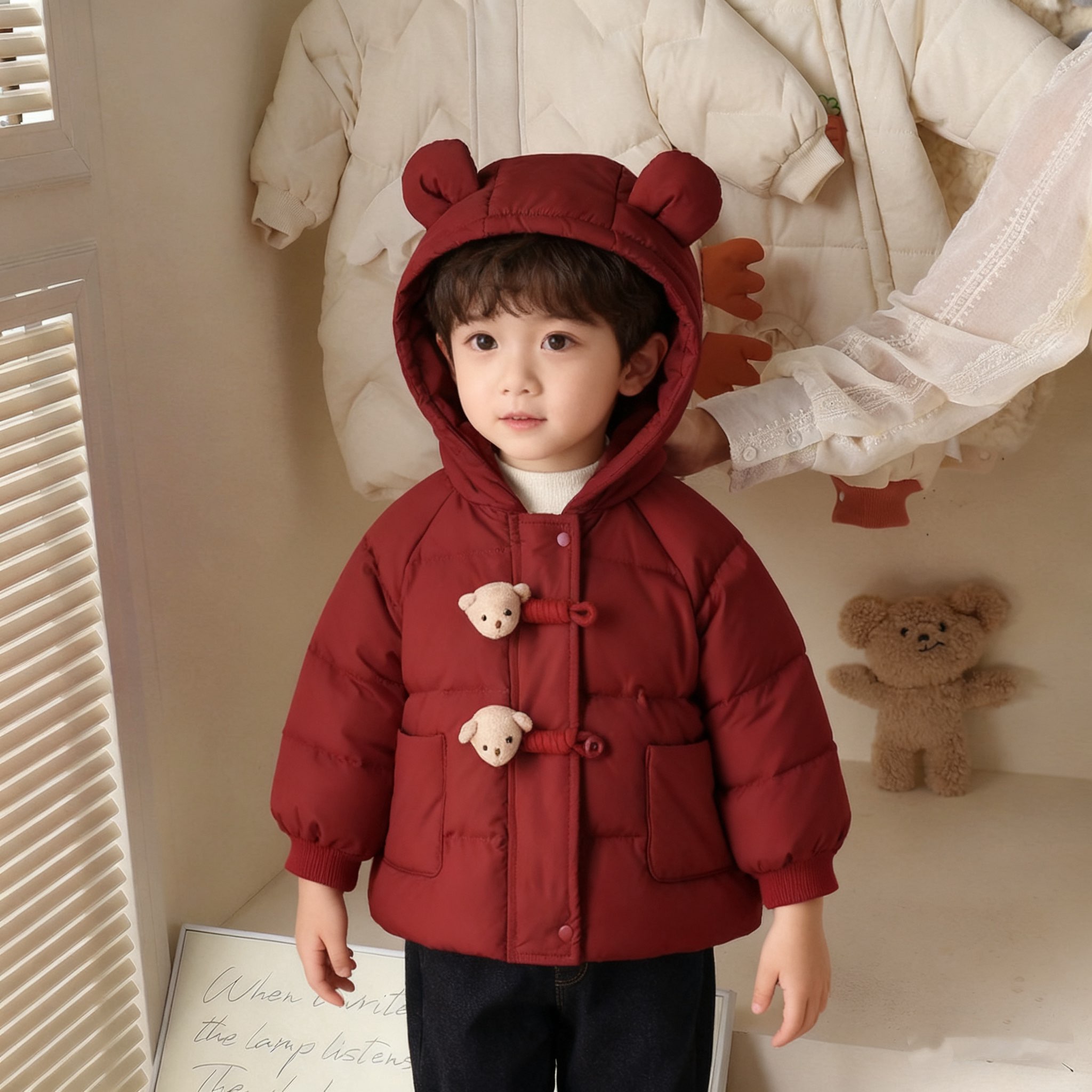 儿童冬装棉服新款洋气婴童冬季加厚红色连帽外套宝宝男童外出服