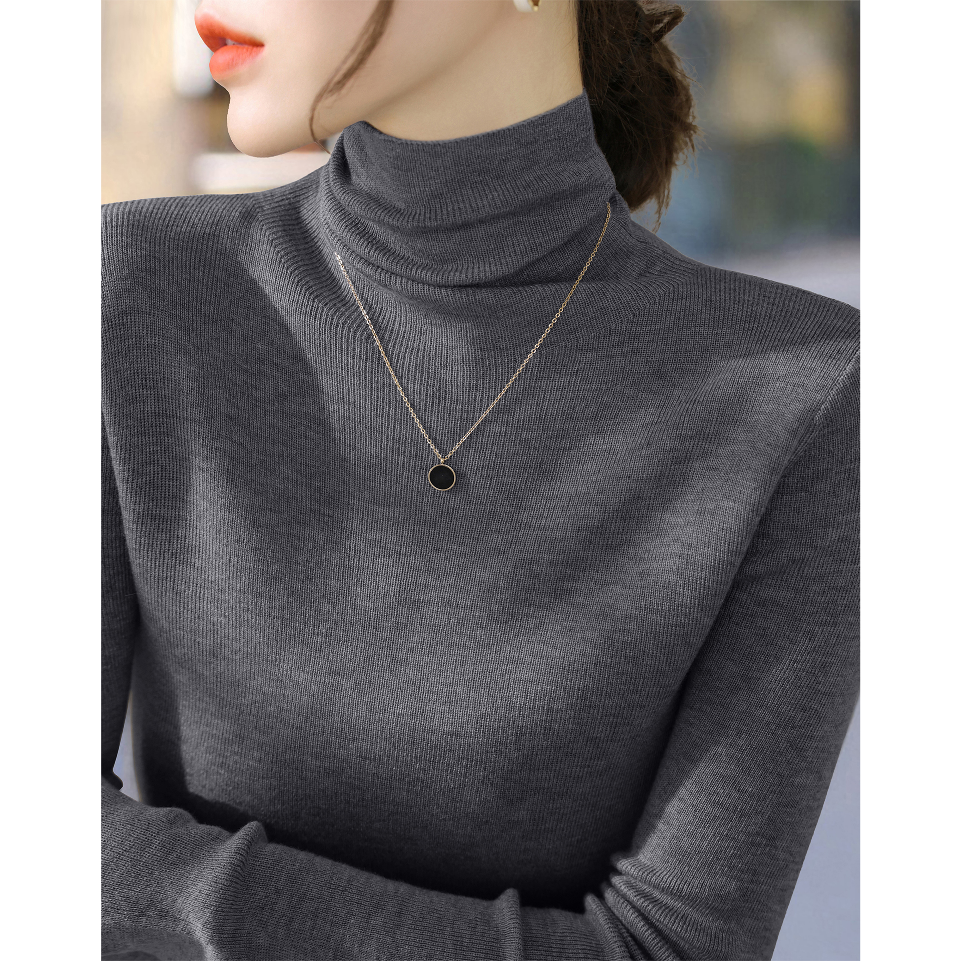 2025冬季新款高级感堆堆领毛衣内搭打底上衣深灰色修身长袖针织衫