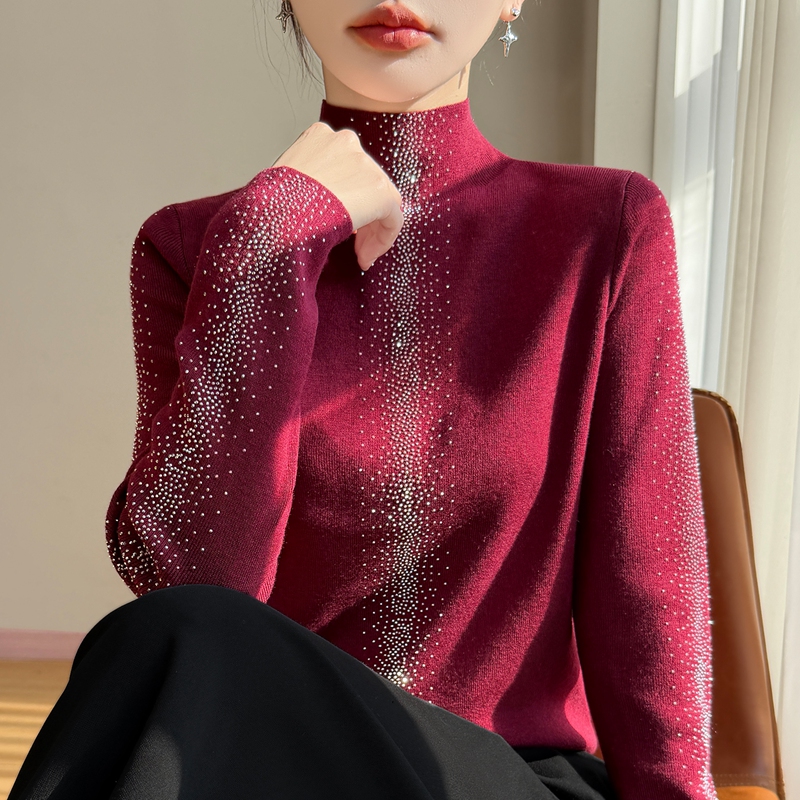 2026新年本命红精纺羊毛衫重工烫钻半高领针织衫保暖内搭上衣套衫