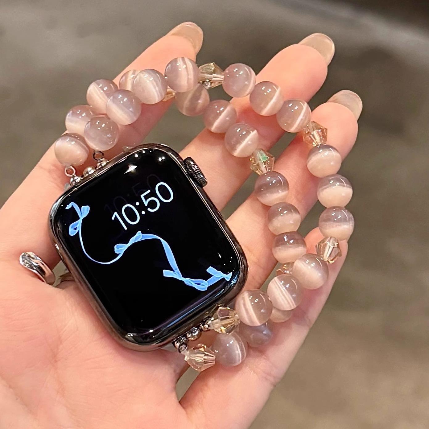 双排猫眼石串珠表带适用苹果手表S10代applewatchS9通用华为FIT4