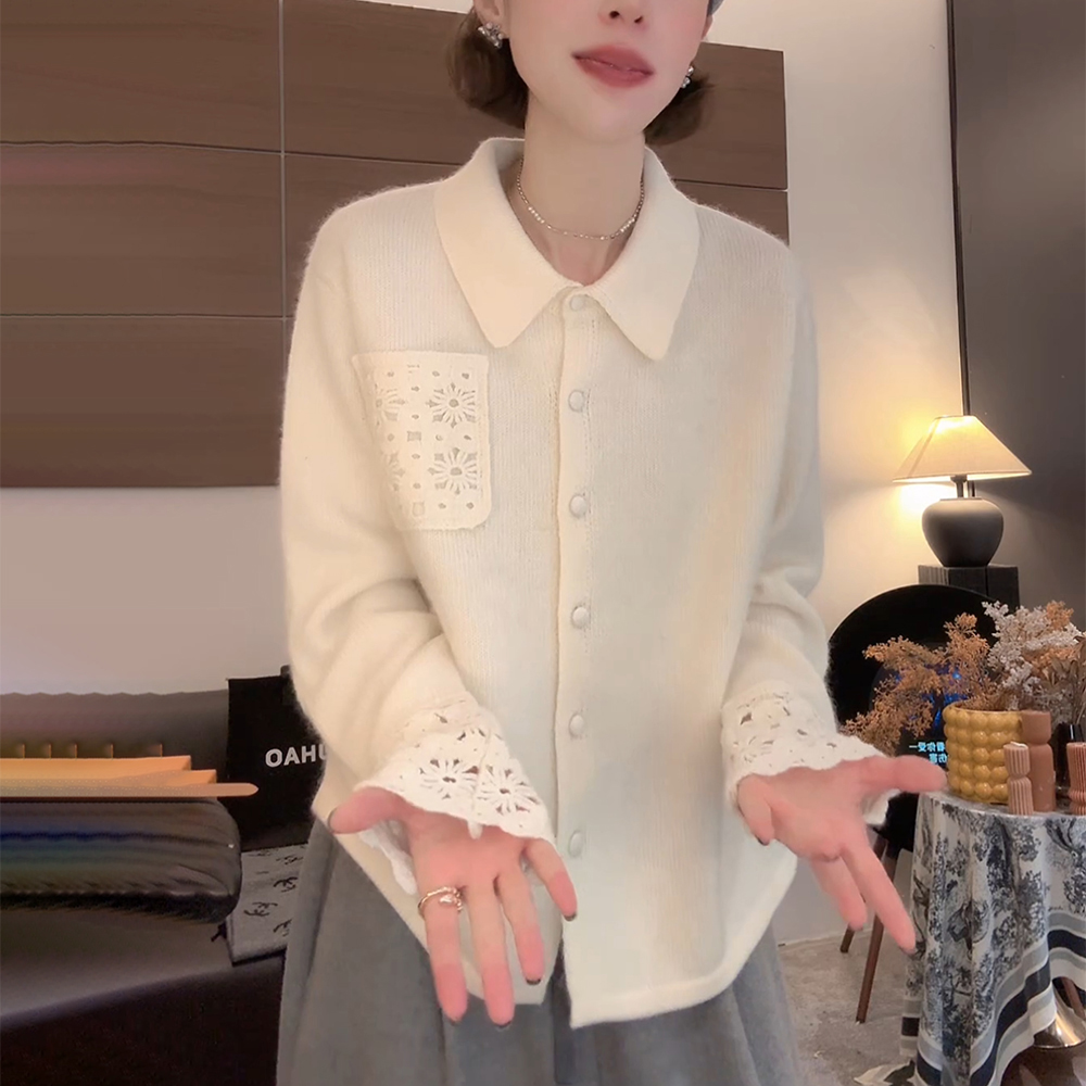 白色翻领毛衣女士秋冬慵懒风宽松显瘦设计感蕾丝钩花针织开衫上衣
